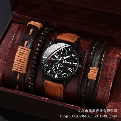 Conjunto de relógios masculinos mais vendidos no exterior, versátil, elegante e comercial, relógio de quartzo com pulseira trançada — conjunto de 4 peças por atacado