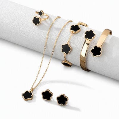 Conjunto de Jóias de Trevo de Cinco Folhas Feminino Colar de Pétala de Sorte Simples Pulseira Anel Brincos Acessórios Presente Criativo